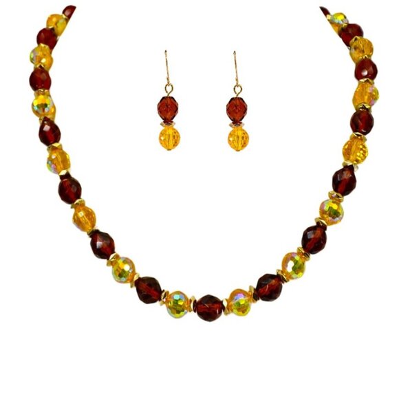 Yellow and brown all glass bead necklace and earring set mixed with gold accent - Picture 1 of 12